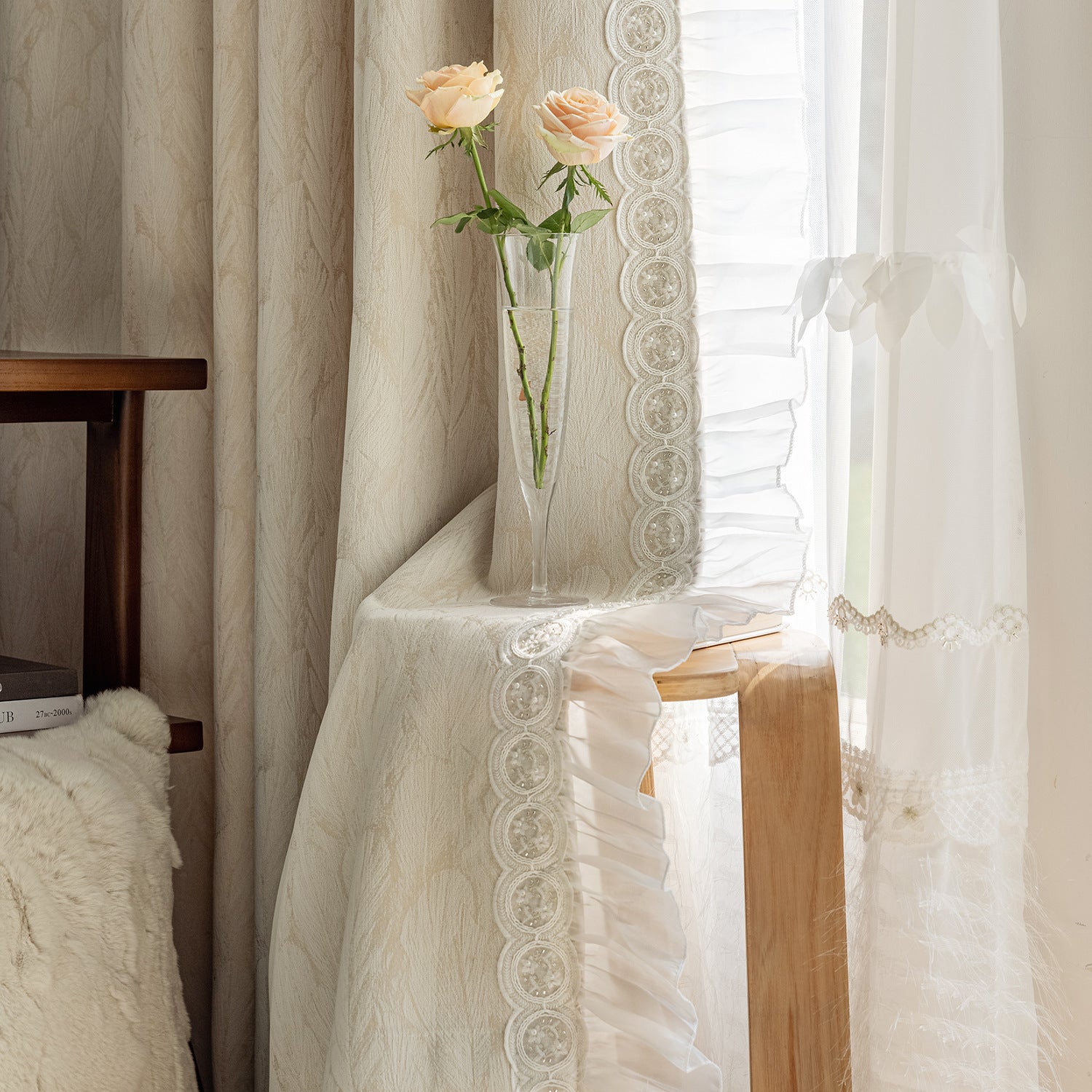 French Jacquard Chenille Curtains in Cream Style for Bedroom and Living Room Luxury Thick Design BCL-112