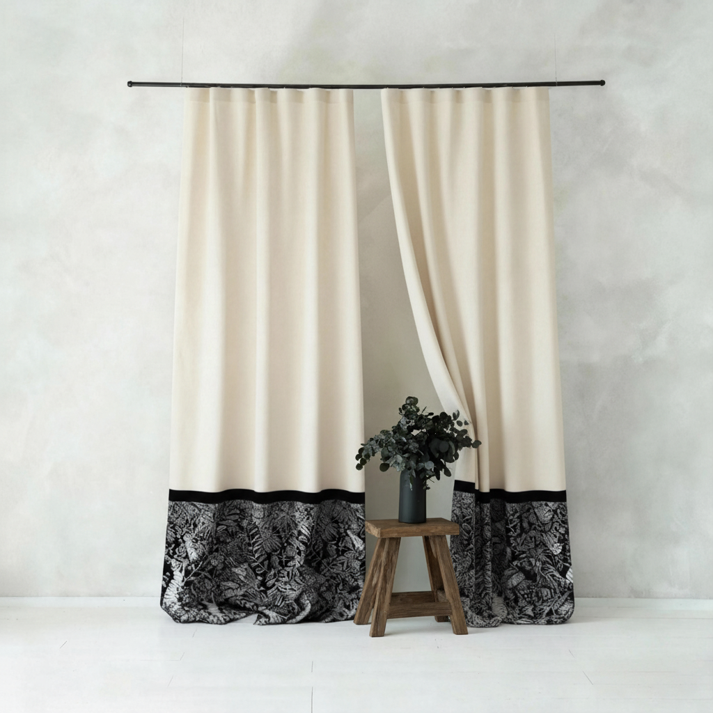 Beige Linen Curtains - Black & White Panel French Vintage Elegant Drapes BCL-131