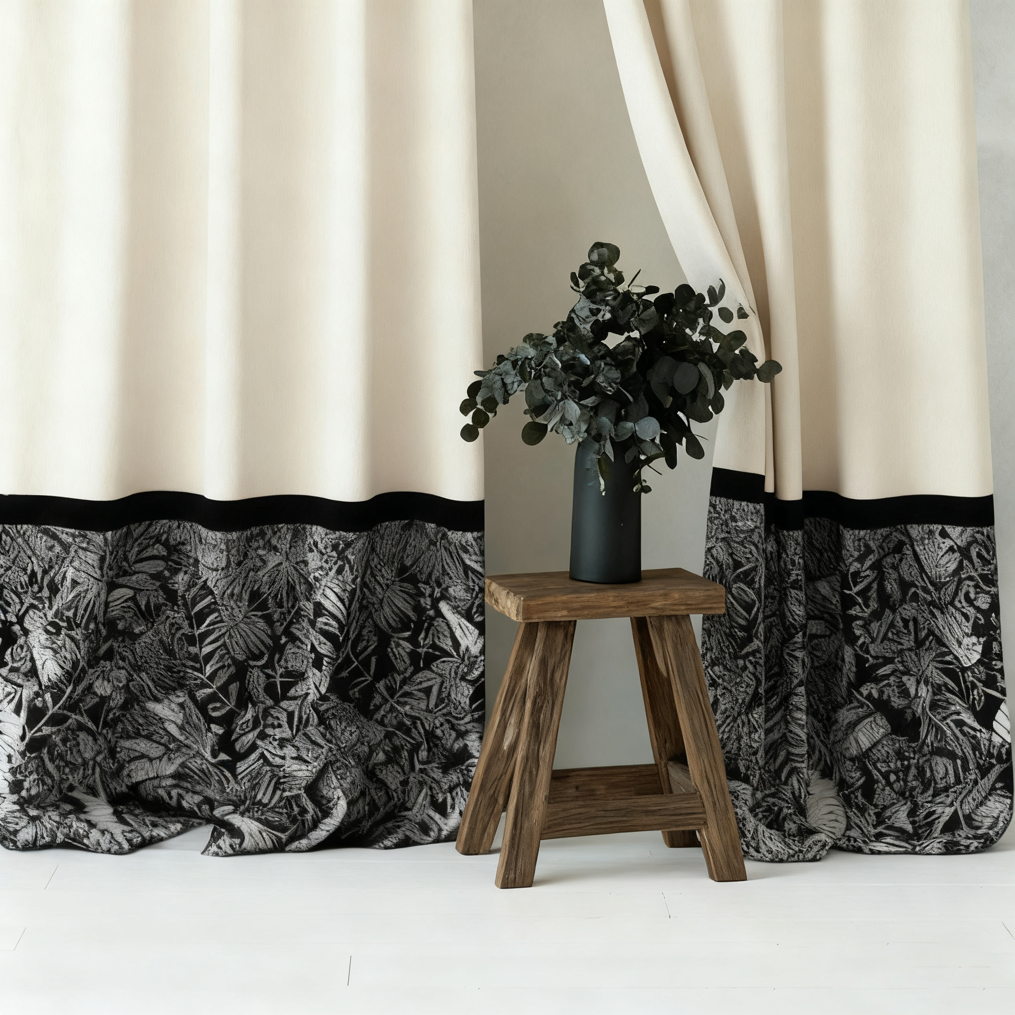 Beige Linen Curtains - Black & White Panel French Vintage Elegant Drapes BCL-131