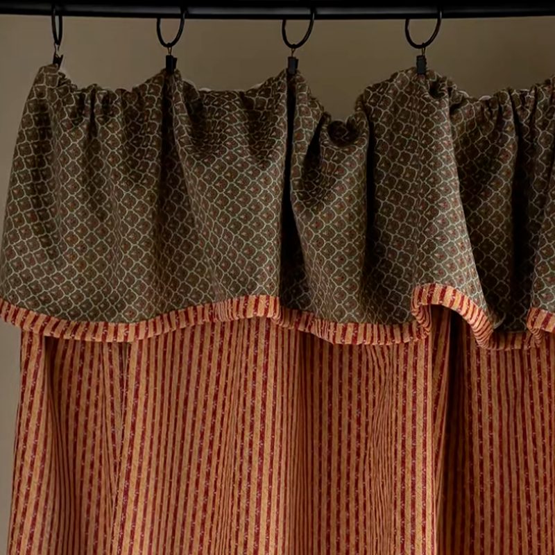 Mid-Century Modern Red Striped Chenille Curtains - French Tie-Up Green Valance Jacquard Drapes BCL-130