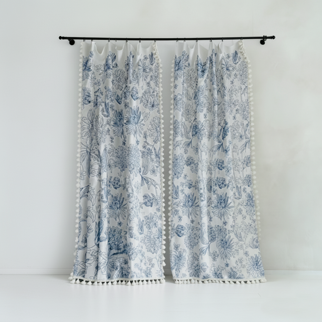 Natural Linen Curtains - Embroidered Tassel French Country Style Drapes BCL-122