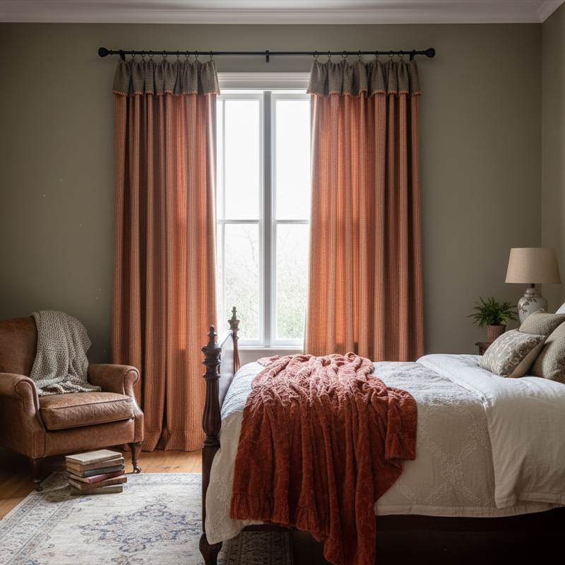 Mid-Century Modern Red Striped Chenille Curtains - French Tie-Up Green Valance Jacquard Drapes BCL-130