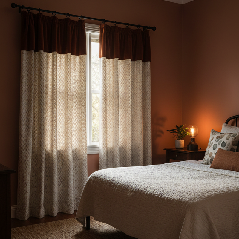 Modern Luxury Beige & Red Curtains - French Vintage Gathered Swag Valance Luxury Drapes BCL-132