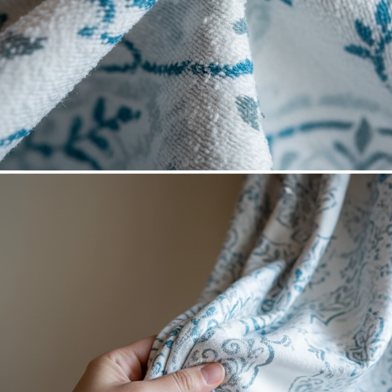 Luxury Chenille Curtains - Blue Trim French Floral Pattern Drapes BCL-124