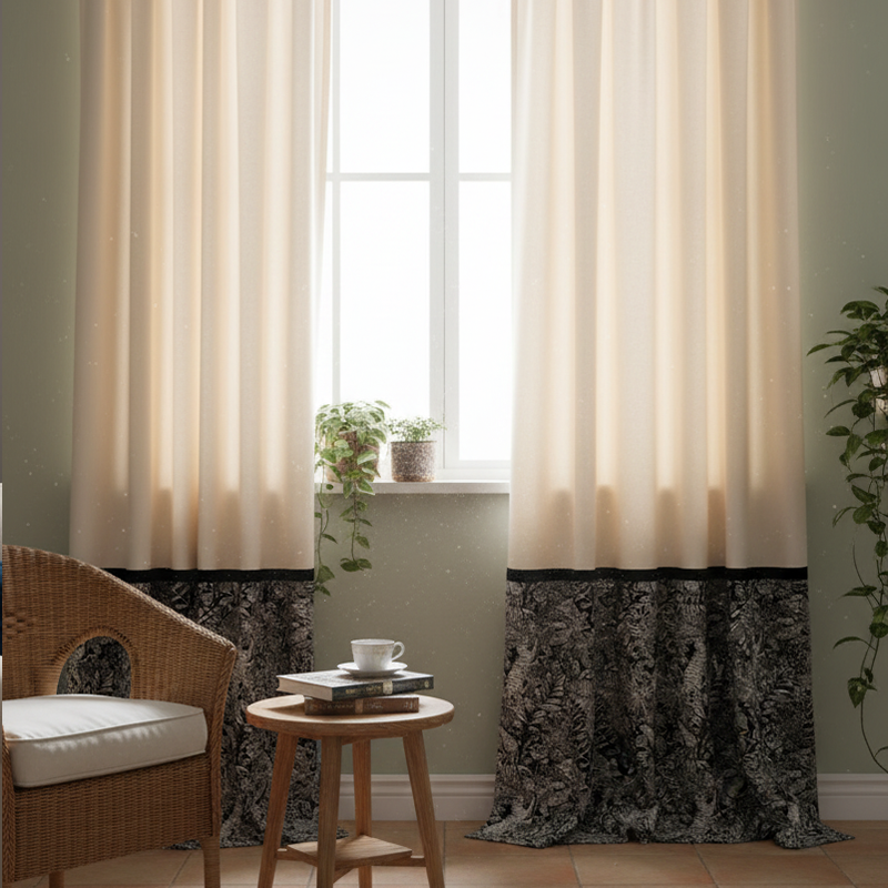 Beige Linen Curtains - Black & White Panel French Vintage Elegant Drapes BCL-131