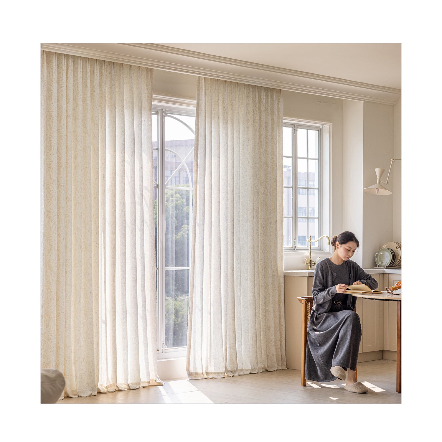 French Style Sheer Curtains with Leaf Print for Living Room and Balcony SL-111