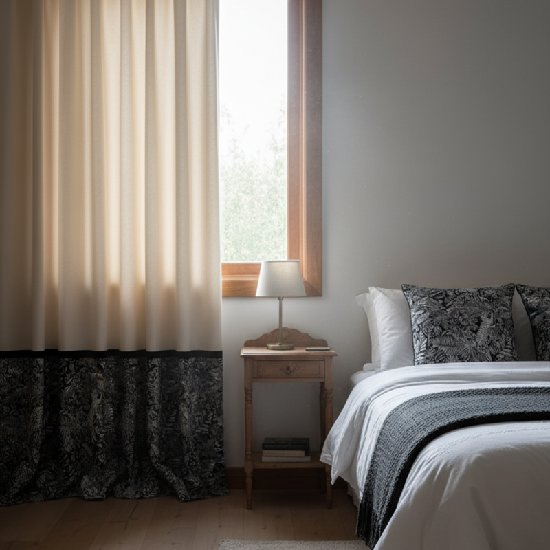 Beige Linen Curtains - Black & White Panel French Vintage Elegant Drapes BCL-131