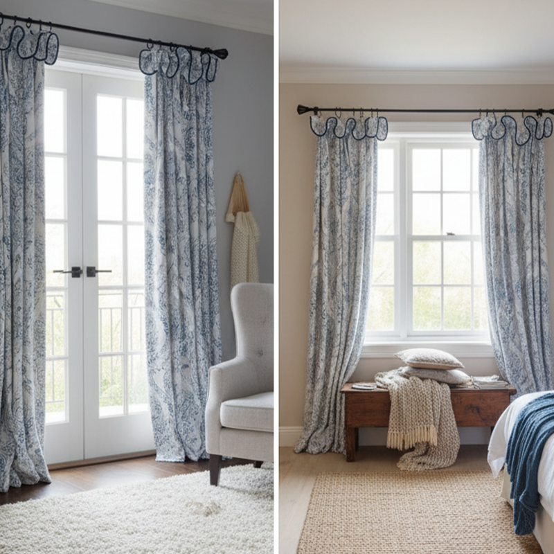 Luxury Chenille Curtains - Blue Trim French Floral Pattern Drapes BCL-124