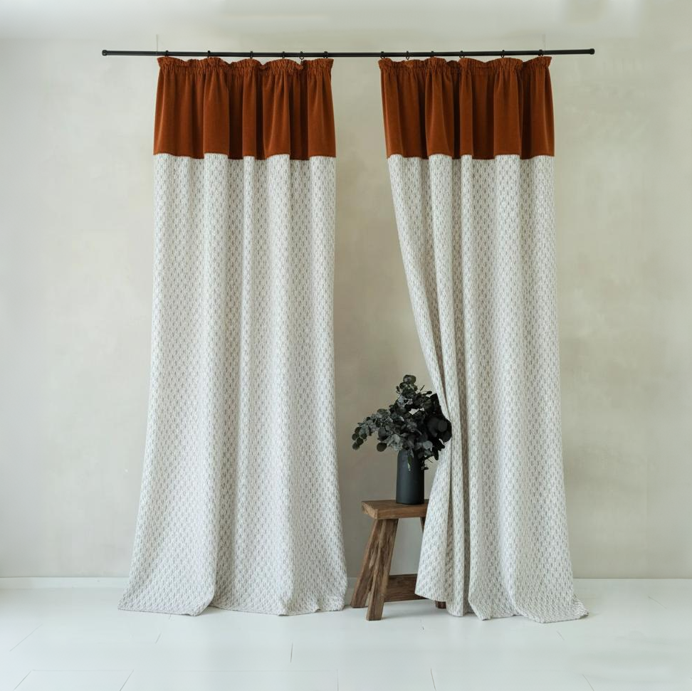 Modern Luxury Beige & Red Curtains - French Vintage Gathered Swag Valance Luxury Drapes BCL-132
