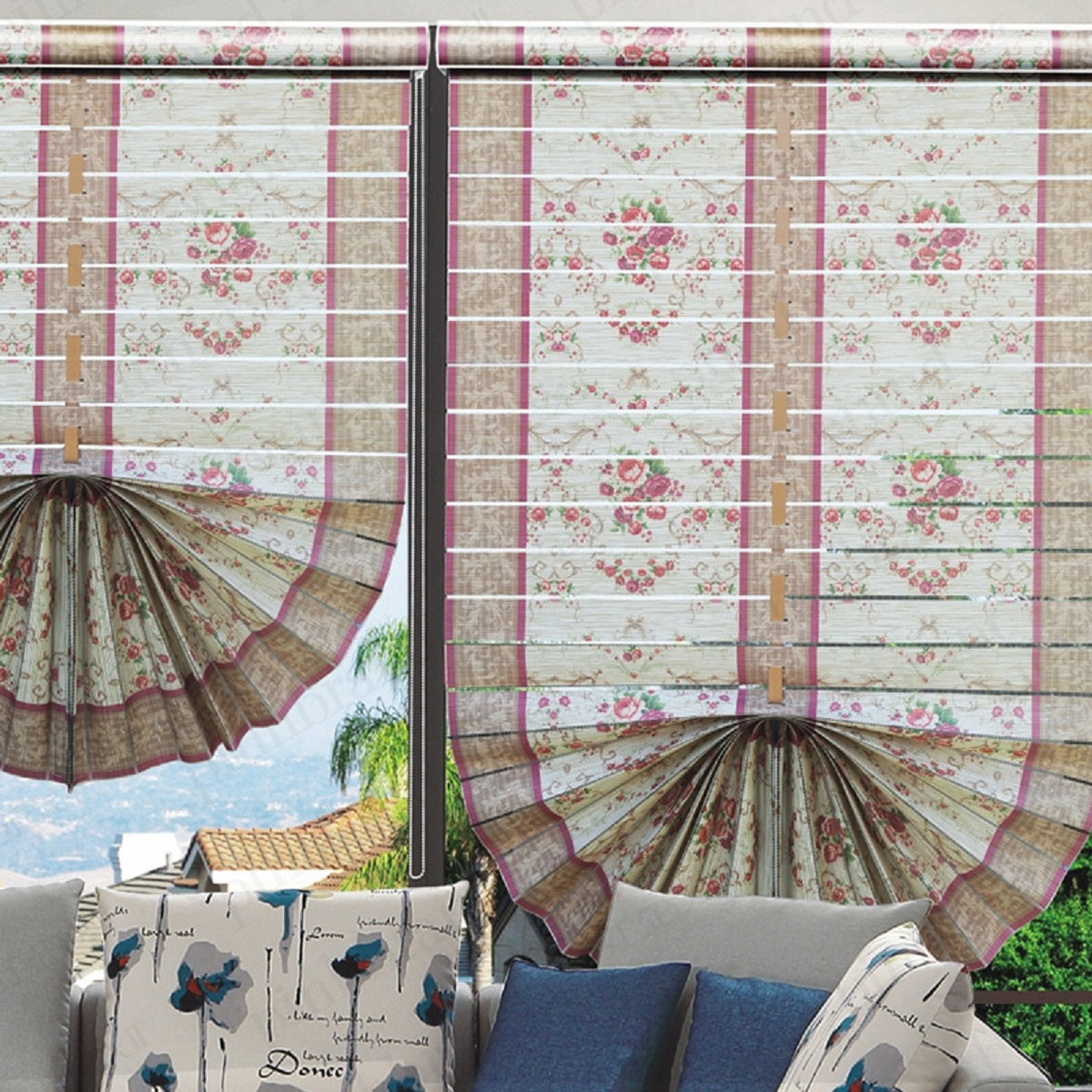 Embroidered Fan-Shaped Roman Shades – Sheer Fabric Roller Blinds with Venetian Style RML-001