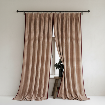 Refined Vintage Red Check Curtains - Textured Linen French Classic Plaid Drapes Home BCL-129