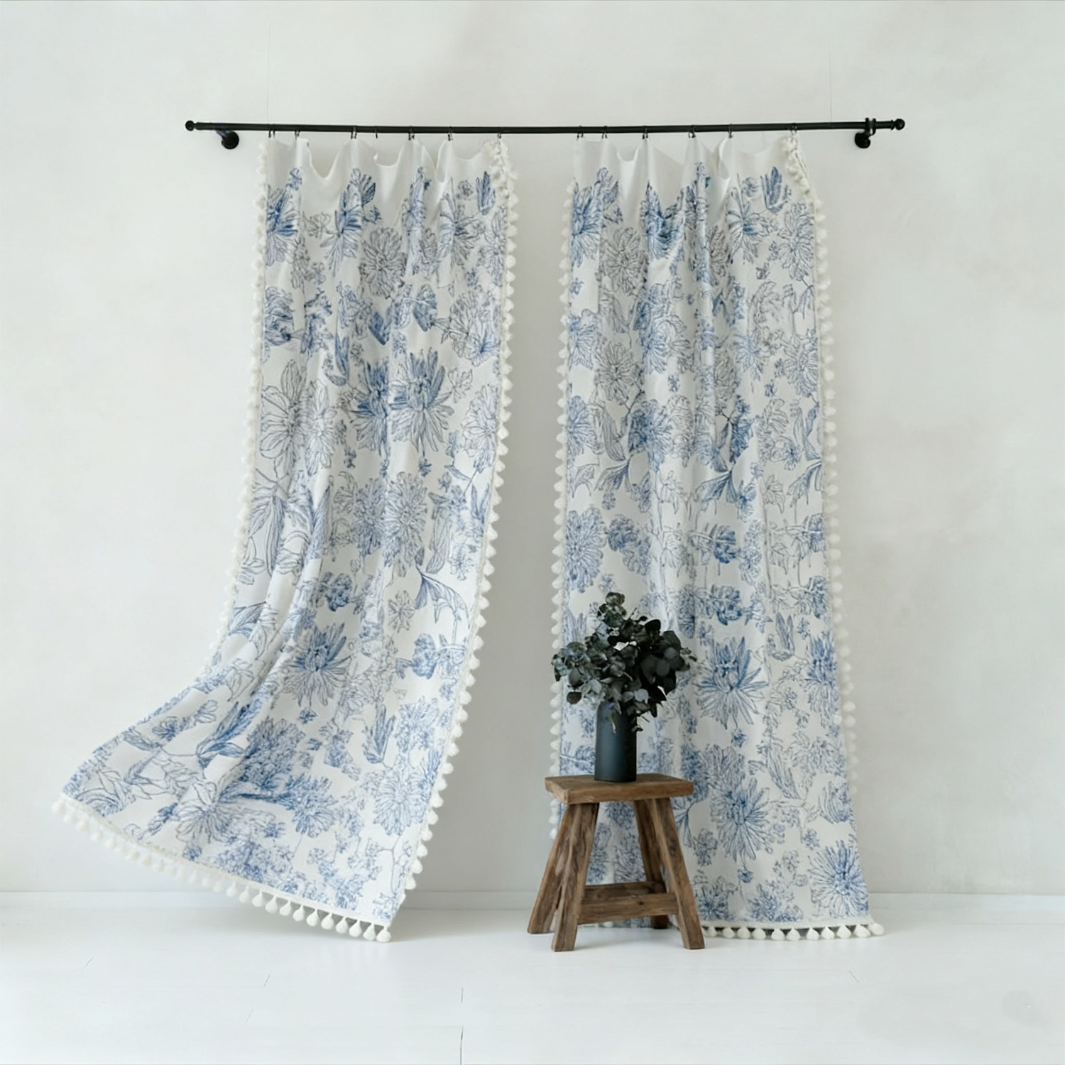 Natural Linen Curtains - Embroidered Tassel French Country Style Drapes BCL-122