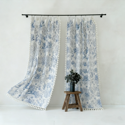 Natural Linen Curtains - Embroidered Tassel French Country Style Drapes BCL-122