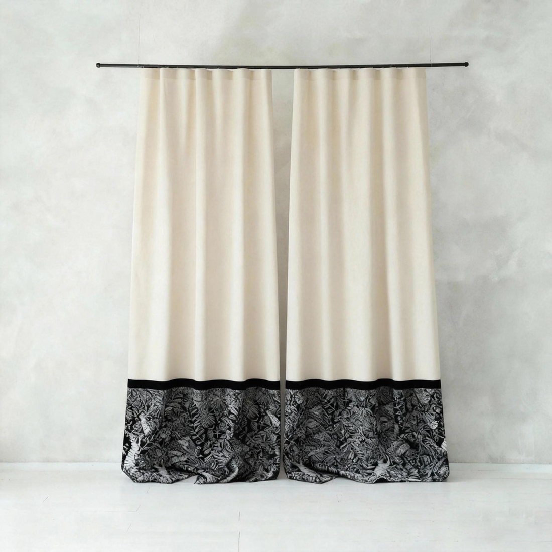 Beige Linen Curtains - Black &amp; White Panel French Vintage Elegant Drapes BCL-131