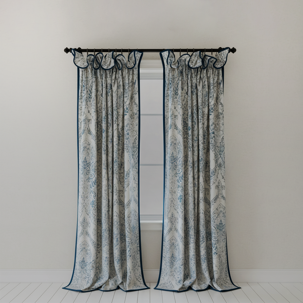 Luxury Chenille Curtains - Blue Trim French Floral Pattern Drapes BCL-124