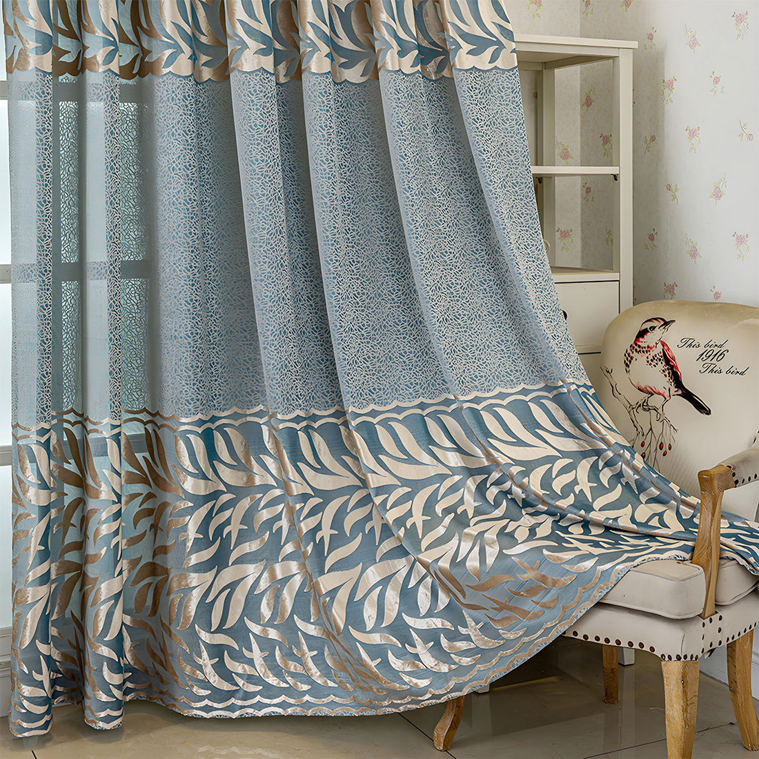 Blue Jacquard Curtains Elegant Openwork for Living/Bedroom BL-104