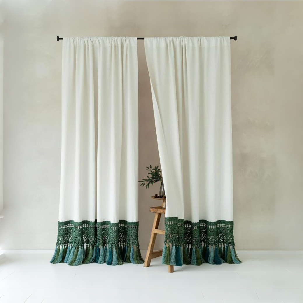 Cotton Linen Curtains with Tassels - Romantic French Style Drapes BCL-127