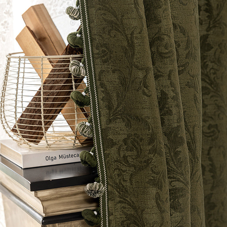 French Vintage Olive Green Chenille Blackout Curtains for Bedroom and Living Room BCL-111