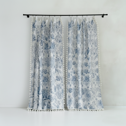 Natural Linen Curtains - Embroidered Tassel French Country Style Drapes BCL-122
