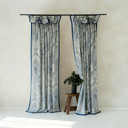 Luxury Chenille Curtains - Blue Trim French Floral Pattern Drapes BCL-124