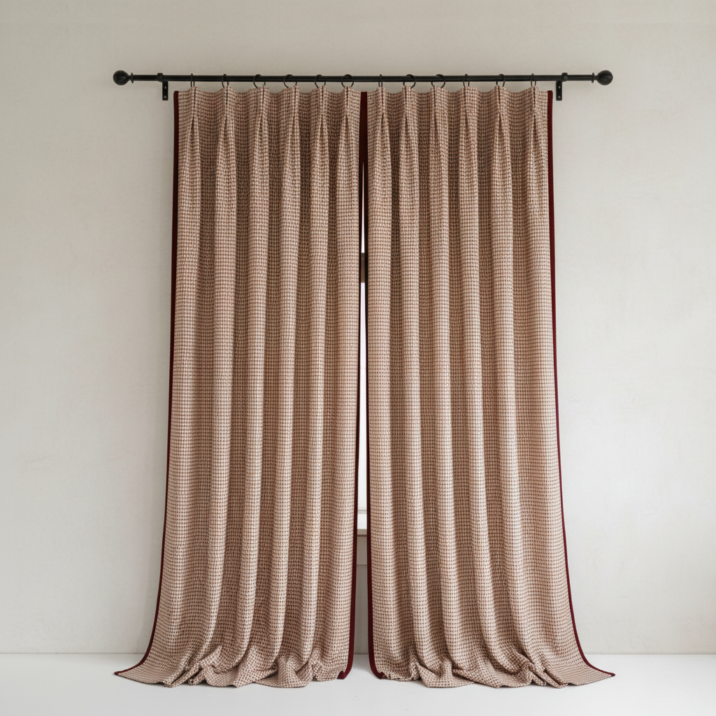 Refined Vintage Red Check Curtains - Textured Linen French Classic Plaid Drapes Home BCL-129