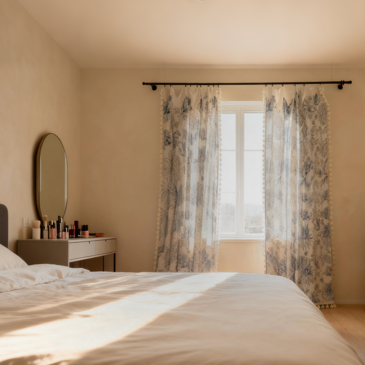 Natural Linen Curtains - Embroidered Tassel French Country Style Drapes BCL-122