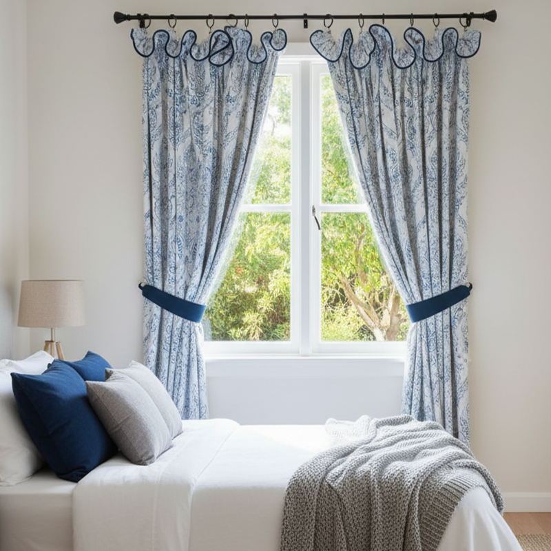 Luxury Chenille Curtains - Blue Trim French Floral Pattern Drapes BCL-124