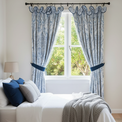 Luxury Chenille Curtains - Blue Trim French Floral Pattern Drapes BCL-124