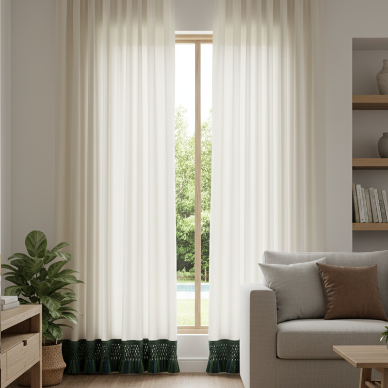 Cotton Linen Curtains with Tassels - Romantic French Style Drapes BCL-127