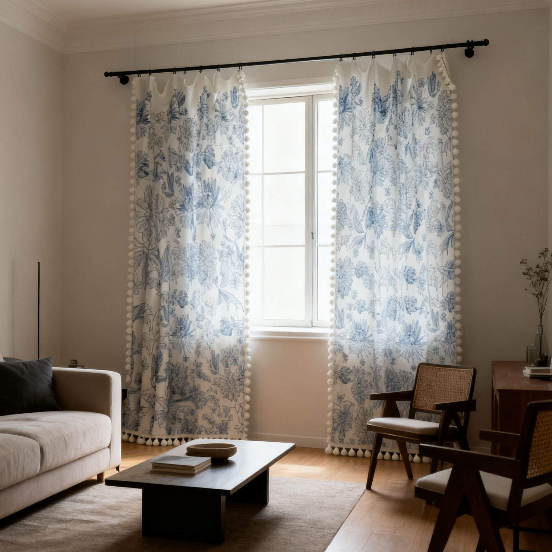 Natural Linen Curtains - Embroidered Tassel French Country Style Drapes BCL-122