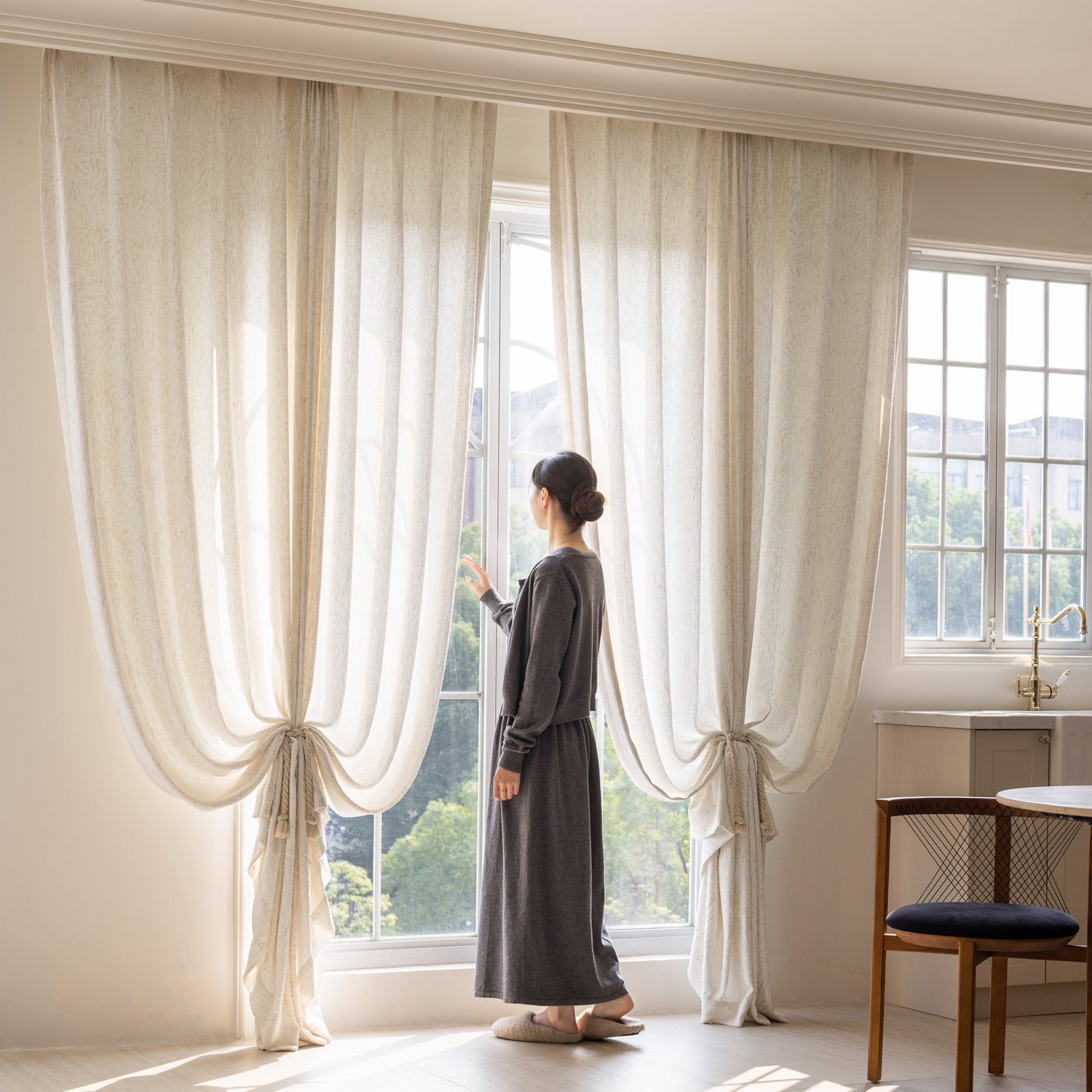 French Style Sheer Curtains with Leaf Print for Living Room and Balcony SL-111