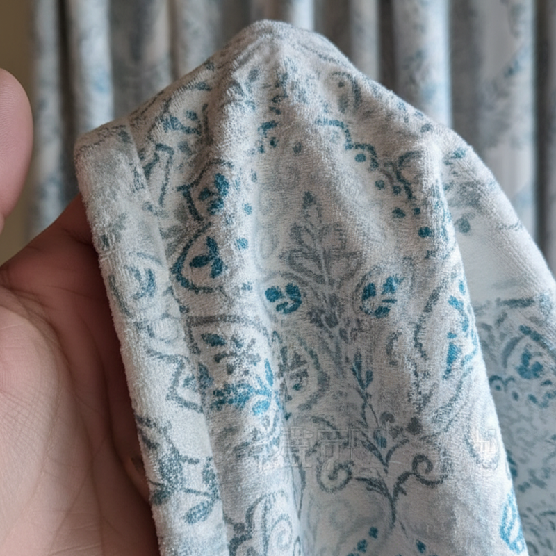 Luxury Chenille Curtains - Blue Trim French Floral Pattern Drapes BCL-124