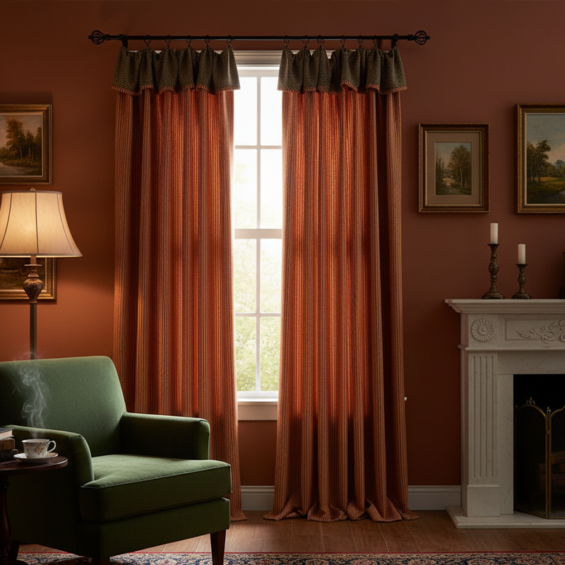 Mid-Century Modern Red Striped Chenille Curtains - French Tie-Up Green Valance Jacquard Drapes BCL-130