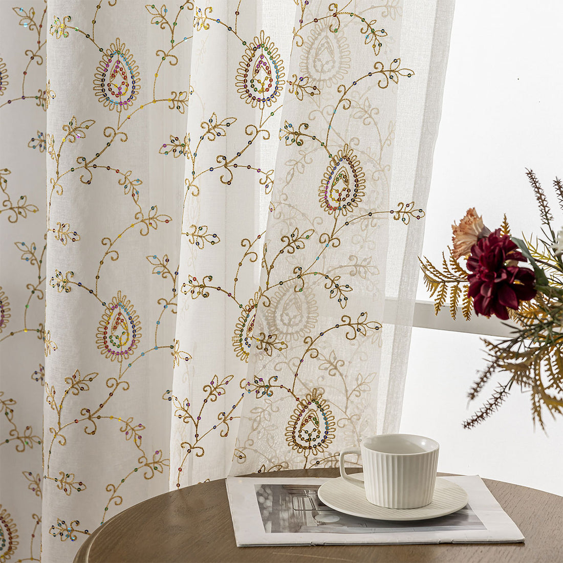 Embroidered Voile Curtains Colorful Floral for Living/Bedroom SL-103