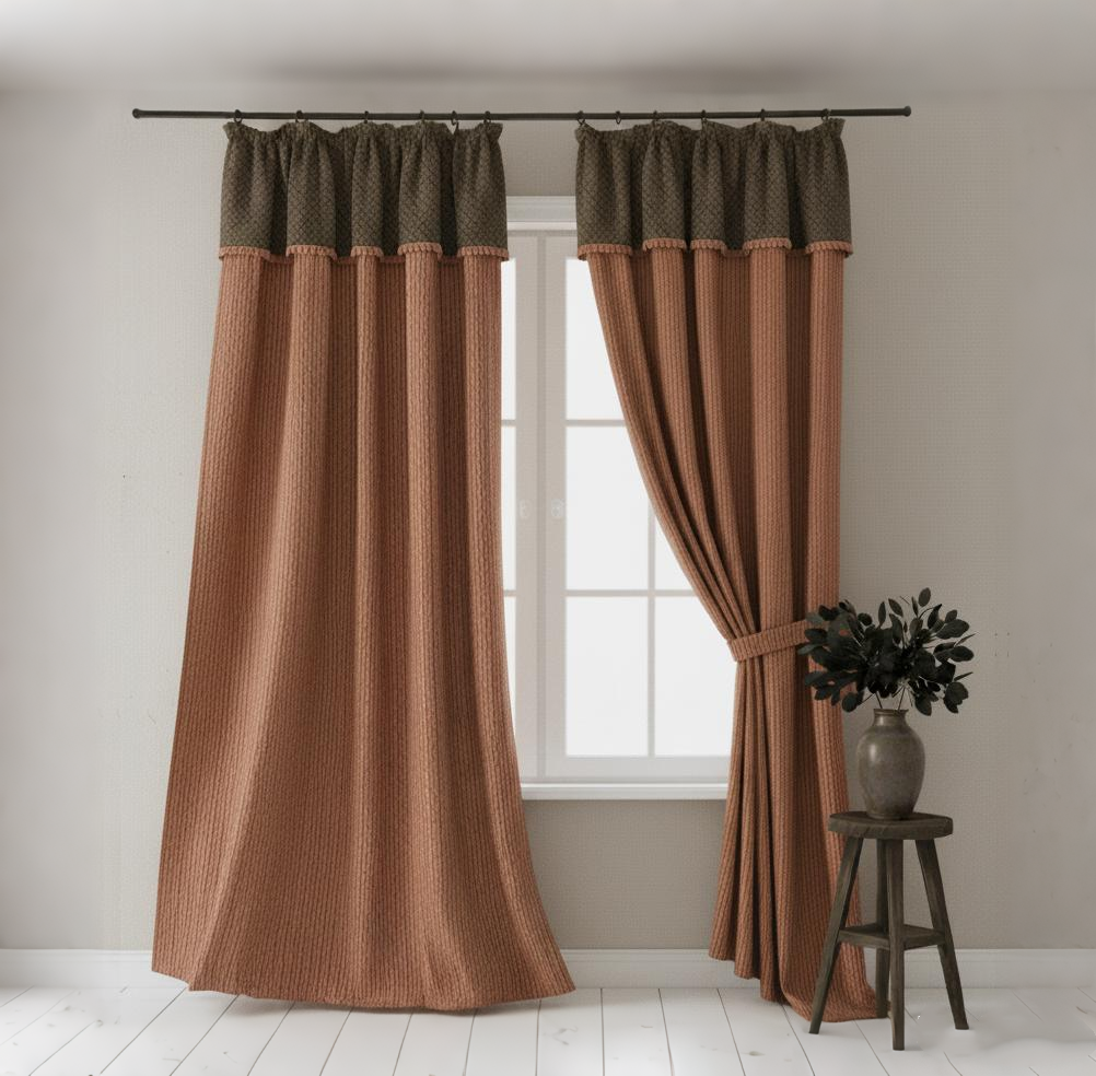 Mid-Century Modern Red Striped Chenille Curtains - French Tie-Up Green Valance Jacquard Drapes BCL-130