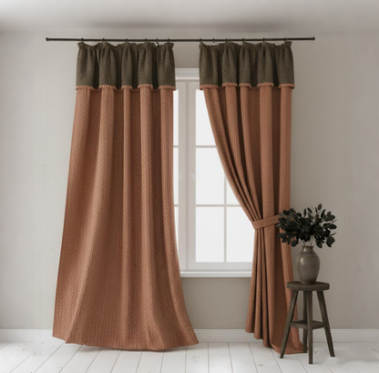 Mid-Century Modern Red Striped Chenille Curtains - French Tie-Up Green Valance Jacquard Drapes BCL-130