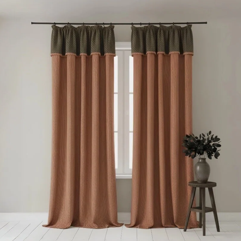 Mid-Century Modern Red Striped Chenille Curtains - French Tie-Up Green Valance Jacquard Drapes BCL-130