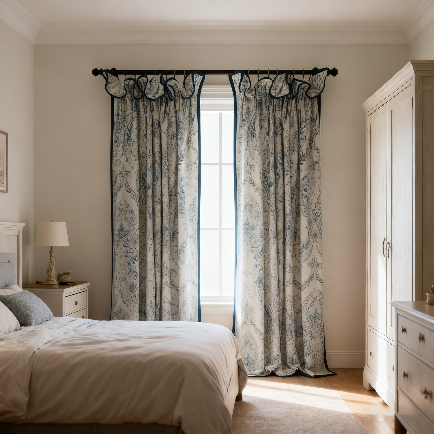 Luxury Chenille Curtains - Blue Trim French Floral Pattern Drapes BCL-124