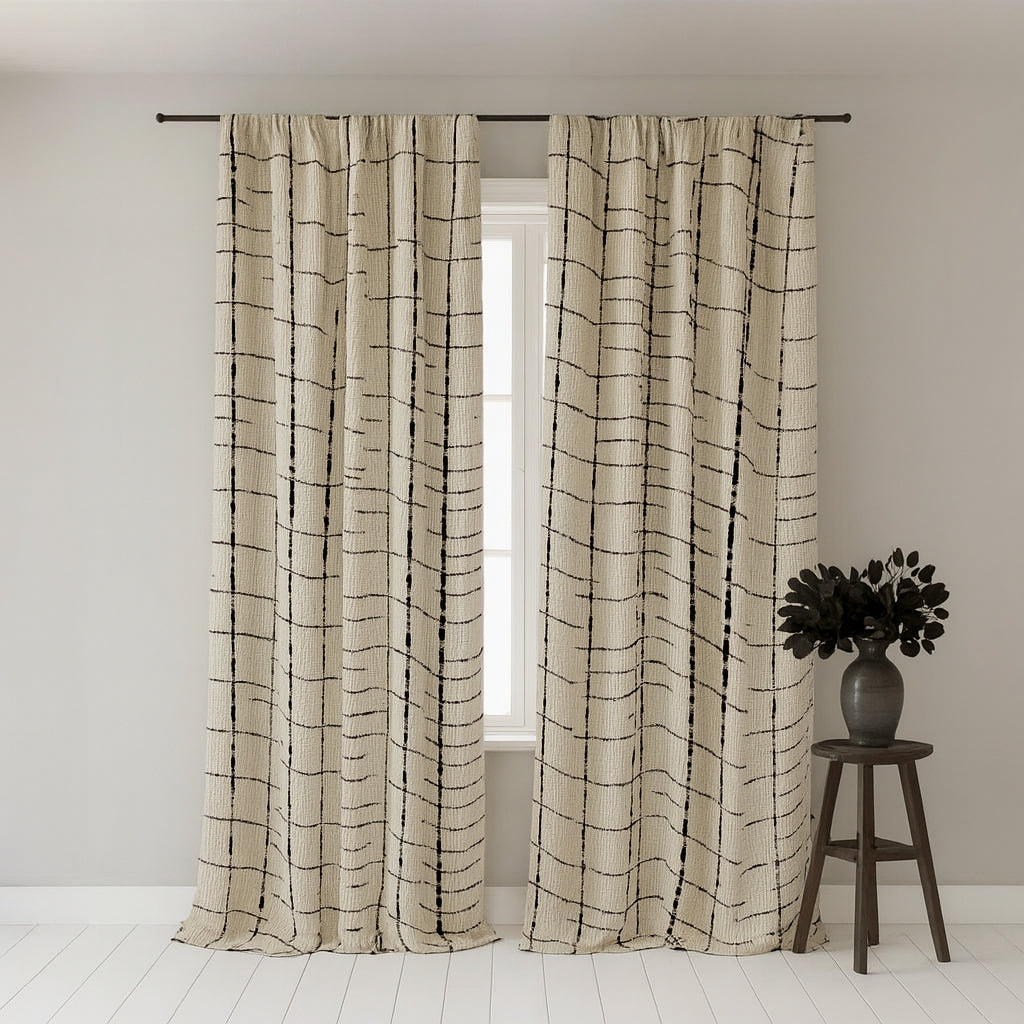 Vintage Linen Grid Pattern Curtains BCL-147